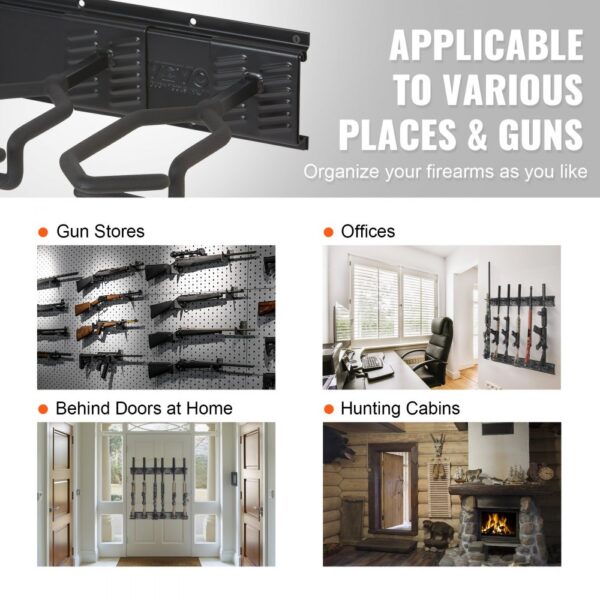 VEVOR gun rack uses, ideal for gun stores, offices, behind doors at home, and hunting cabins.