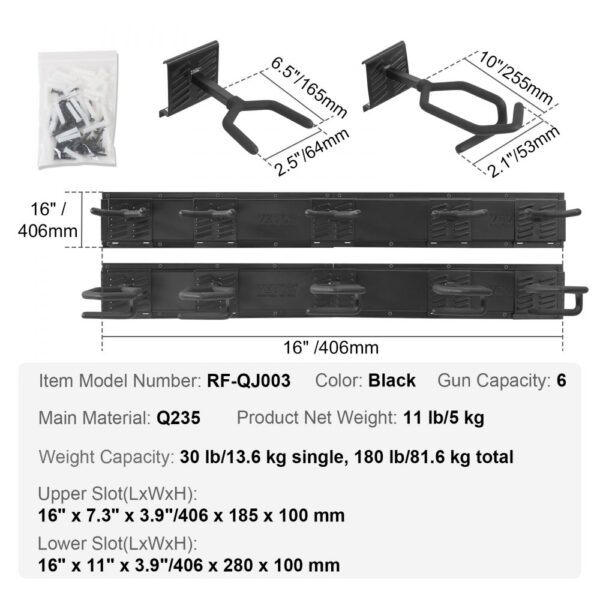 VEVOR gun rack, black, holds 6 guns, 16" width, model rf-qj003, weight capacity 180 lb total.
