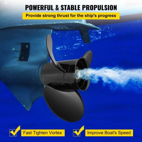 VEVOR outboard propeller providing strong thrust for a boat with highlighted features: fast tighten vortex, improve boat's speed.