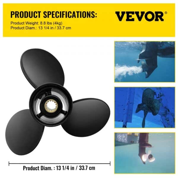 VEVOR outboard propeller with 3 blades, product specifications, and underwater usage shown.