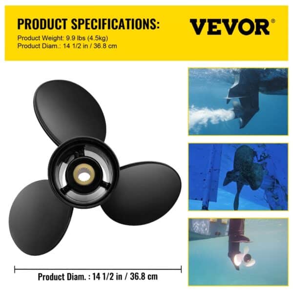 VEVOR outboard propeller: 3-blade black propeller with underwater usage illustrations.