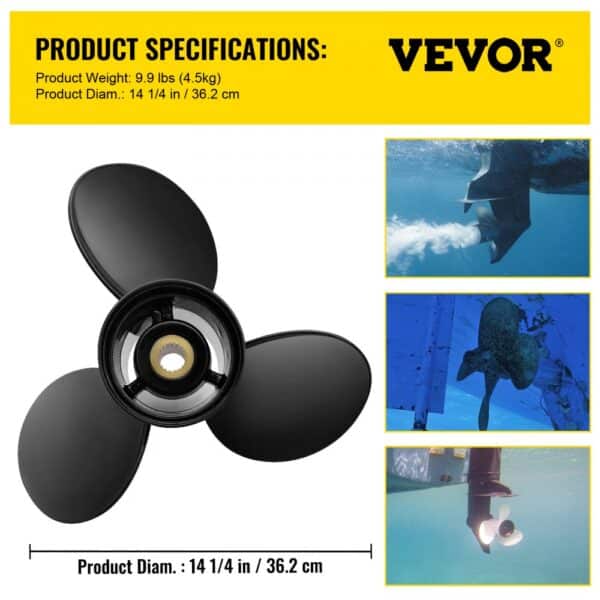 VEVOR outboard propeller: specifications, underwater operation, 14 1/4 in diameter, 9.9 lbs weight.