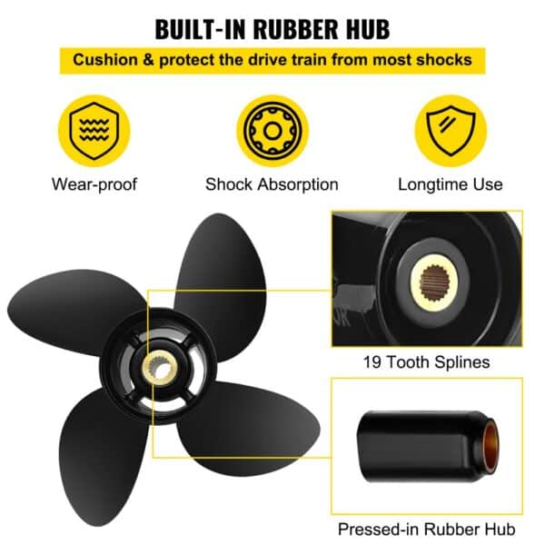 VEVOR outboard propeller with built-in rubber hub offers wear-proof, shock absorption, and long-time use.