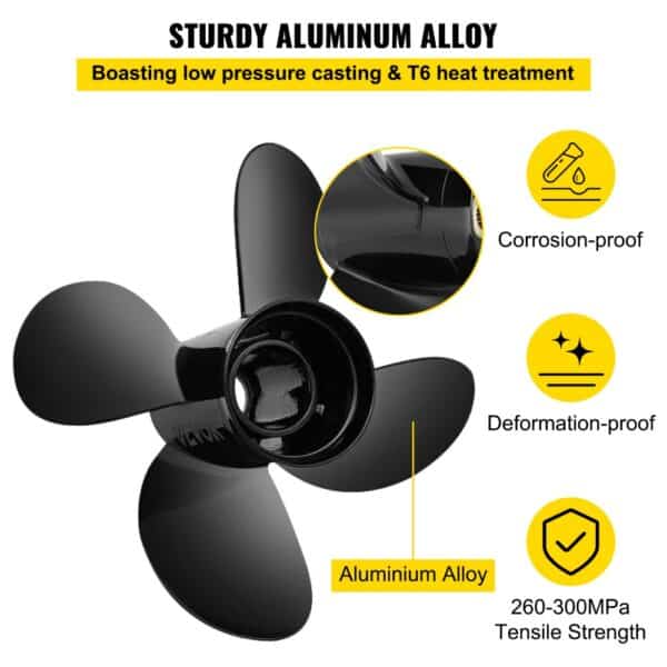 sturdy VEVOR outboard propeller made of aluminum alloy, corrosion-proof, deformation-proof, high tensile strength.