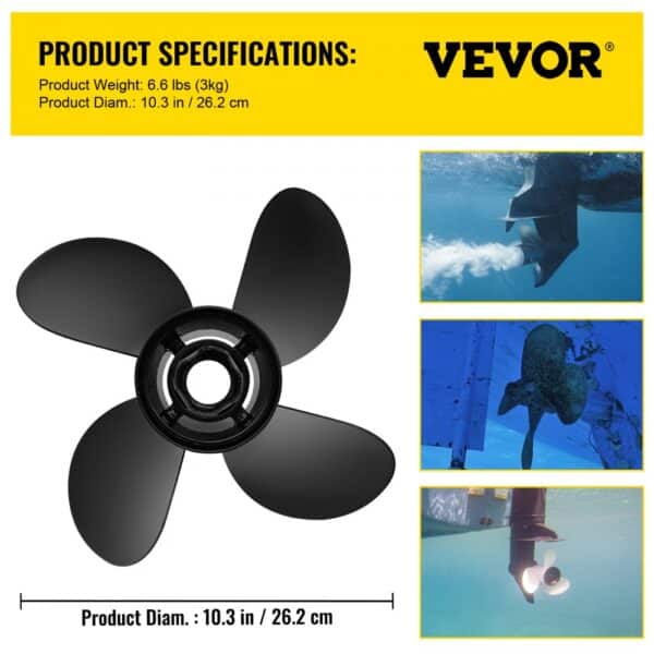 VEVOR outboard propeller: 4-blade black propeller with underwater operation views and product specs.