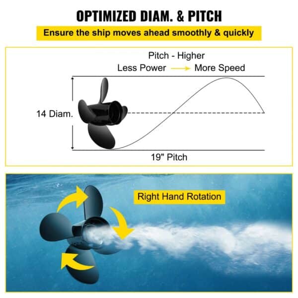 VEVOR outboard propeller with 14" diameter and 19" pitch for optimized speed and power efficiency.