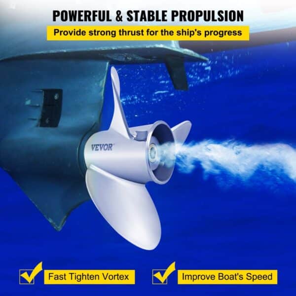 VEVOR outboard propeller underwater providing strong thrust for boat's speed improvement and stability.