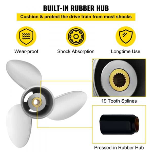 VEVOR outboard propeller with built-in rubber hub, wear-proof, shock absorption, and long-time use.