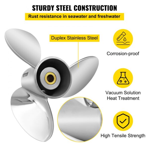 stainless steel VEVOR outboard propeller, corrosion-proof, vacuum heat treated, high tensile strength.