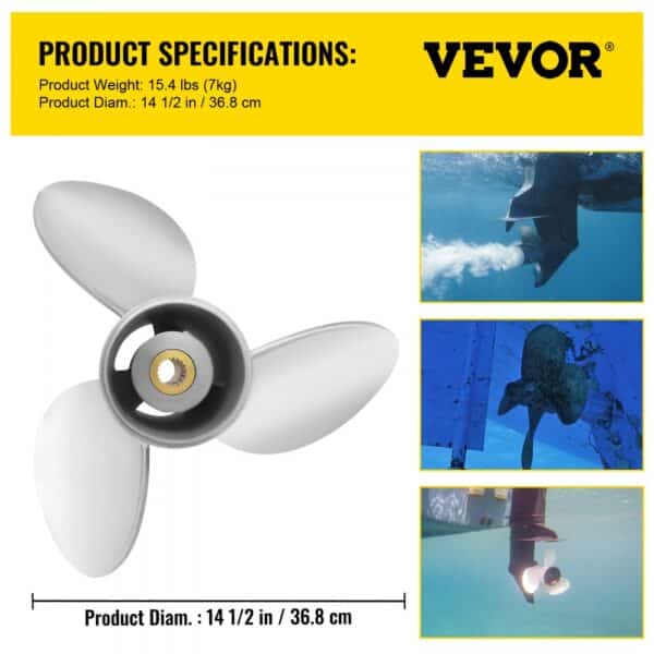 VEVOR outboard propeller, 14.5 inches/36.8 cm diameter, 15.4 lbs, underwater performance visuals.