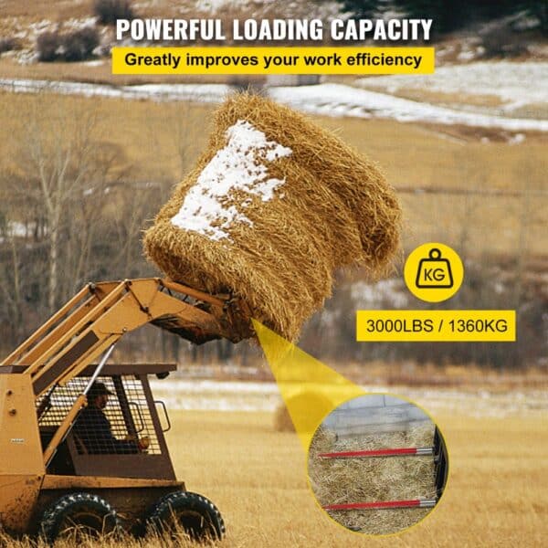 VEVOR hay spear lifting a large hay bale in a snowy field, 3000lbs capacity.