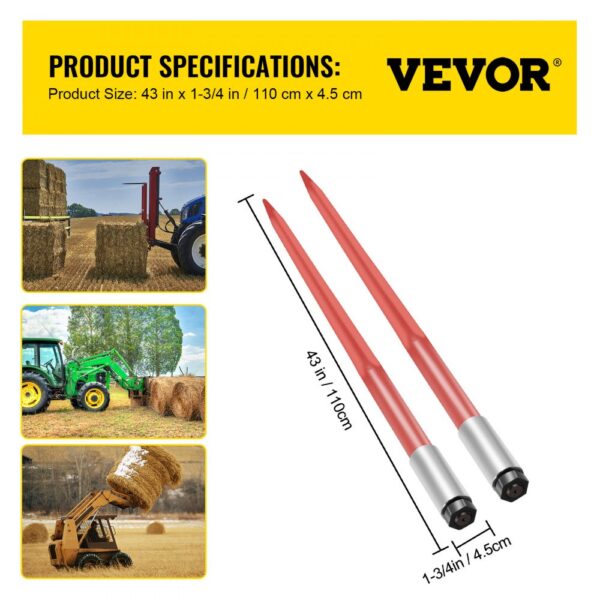 VEVOR hay spear: 43-inch red spears lifting hay bales with tractors in the field.