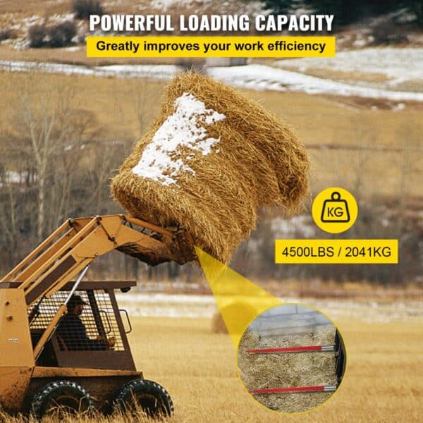 skid steer lifting hay bale with VEVOR hay spear, 4500lbs capacity, snowy field in background.