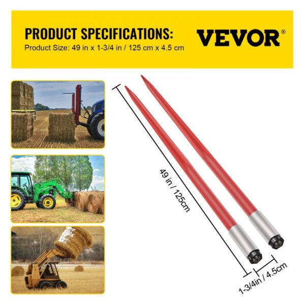 VEVOR hay spear, 49in red spears with tractors handling hay bales in fields.