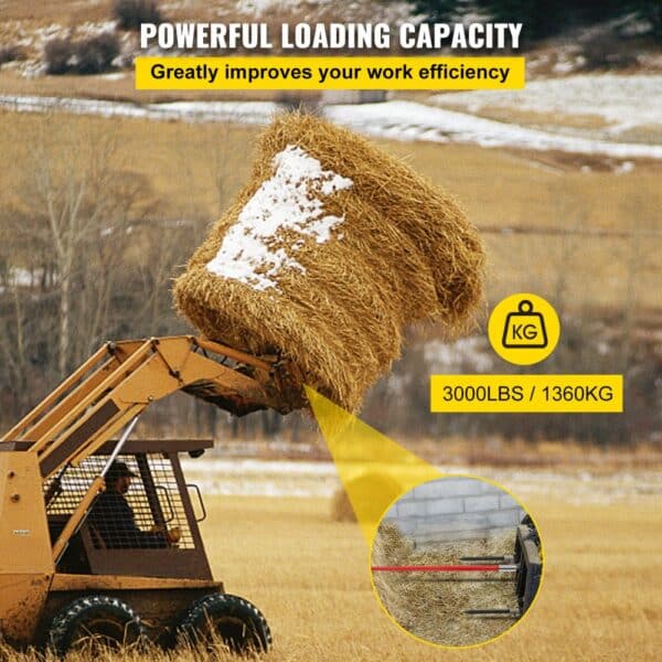VEVOR hay spear lifting a hay bale with 3000lbs capacity in a field.