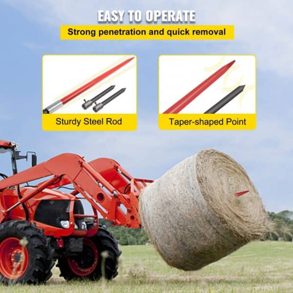 VEVOR hay spear demonstrating strong penetration with a red tractor lifting hay bale.