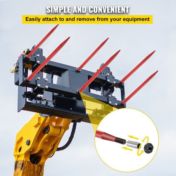 VEVOR hay spear attached to yellow heavy machinery with red spears, easy installation.