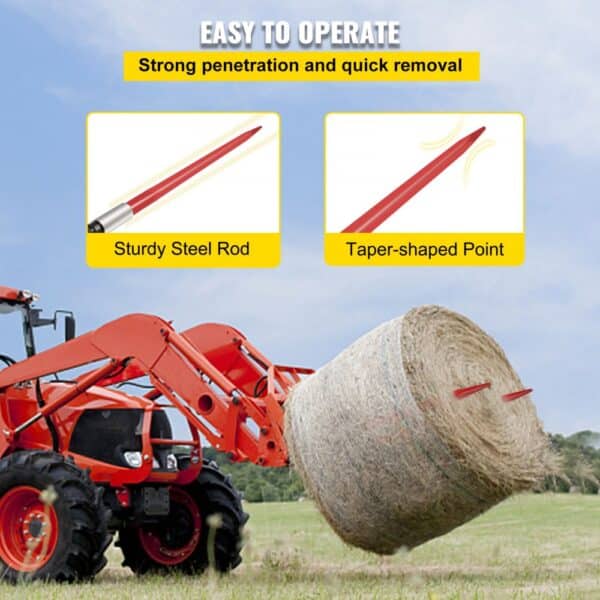 red tractor lifting hay bale with VEVOR hay spear, showcasing sturdy steel rod and taper-shaped point.