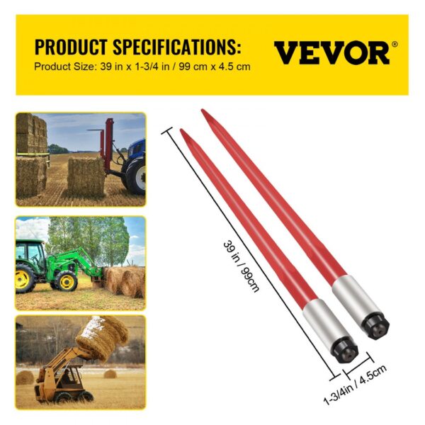 VEVOR hay spear with tractors lifting hay bales, dimensions 39 in x 1-3/4 in.