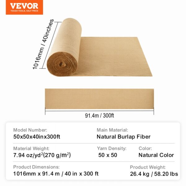 VEVOR Burlap Fabric Roll Burlap Tree Wrap 40 in x 300 ft for Crafts & Plants