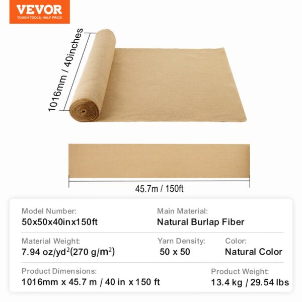 VEVOR Burlap Fabric Roll Burlap Tree Wrap 40 in x 150 ft for Crafts & Plants