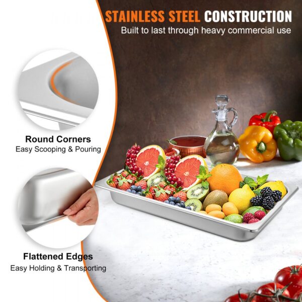 VEVOR steam table pans with round corners and flattened edges, filled with fresh fruits.