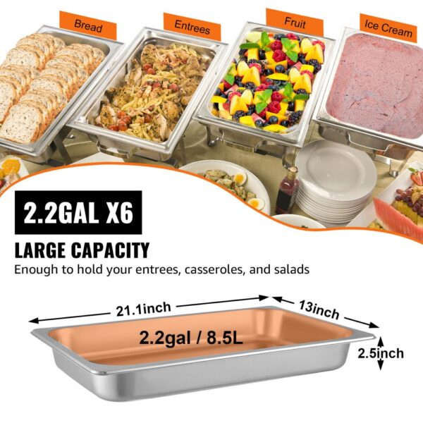 VEVOR steam table pans holding bread, entrees, fruit, and ice cream, 2.2gal capacity.