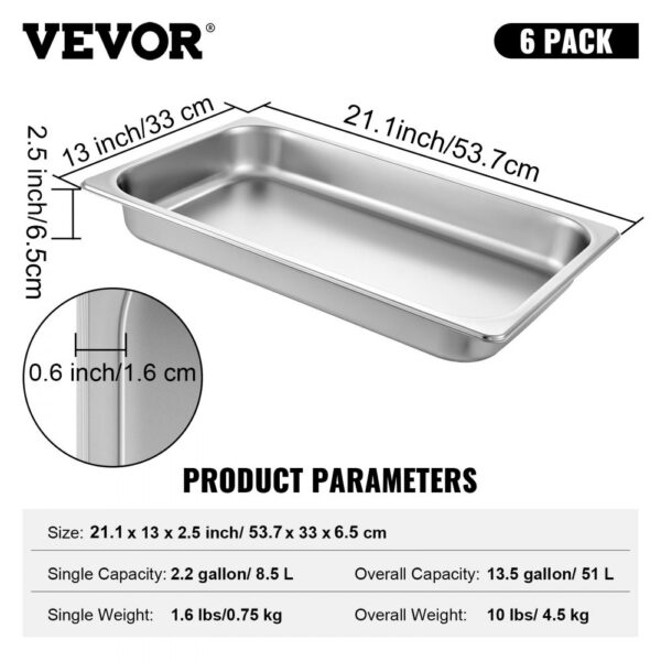 VEVOR steam table pans, 21.1 x 13 x 2.5 inch, 6 pack, product parameters shown.