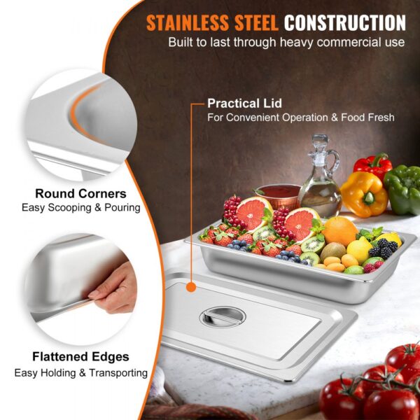 stainless steel VEVOR steam table pans with lid, fresh fruits, and vegetables, round corners.