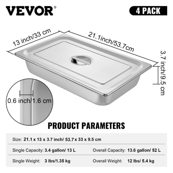 VEVOR steam table pans, 21.1 x 13 x 3.7 inches, single capacity 3.4 gallons.