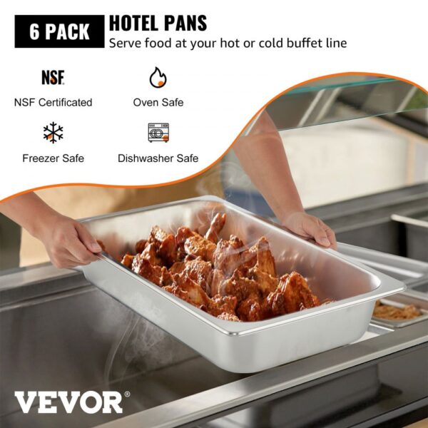 VEVOR steam table pans, 6-pack, showcasing oven, freezer, and dishwasher safety.