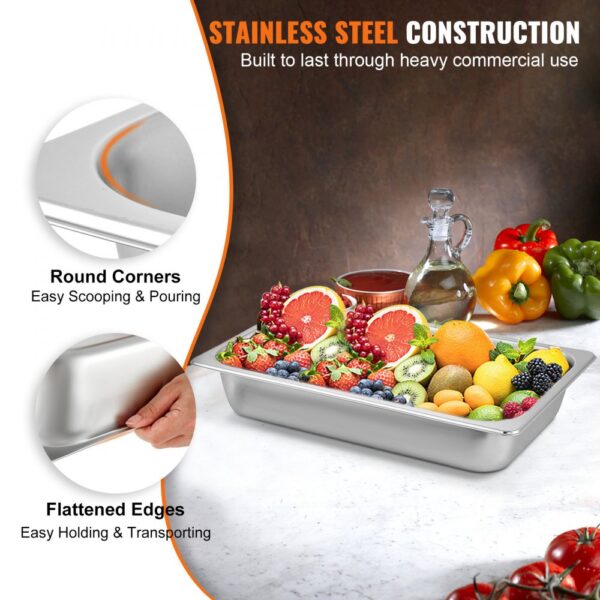 stainless steel VEVOR steam table pan with fruits, round corners, and flattened edges.