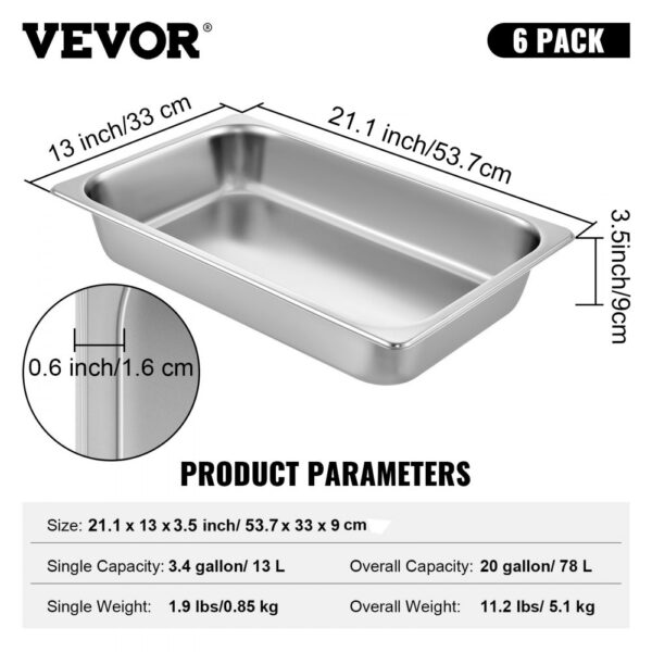 VEVOR 6-pack steam table pans with dimensions and capacity details.