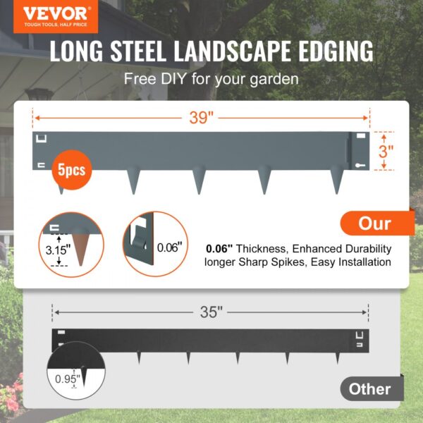 VEVOR steel landscape edging, 39"x3" with 5pcs, 0.06" thickness, 3.15" spikes, and easy installation.