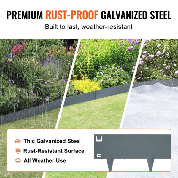 VEVOR steel landscape edging in gardens, showcasing rust-proof, weather-resistant galvanized steel.