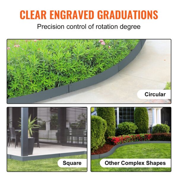 VEVOR steel landscape edging showcasing circular, square, and irregular shapes for garden design.