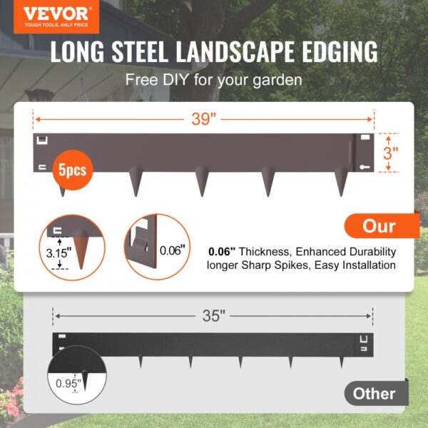 VEVOR steel landscape edging, 39"x3", 0.06" thickness, durable, easy installation, 5pcs pack.