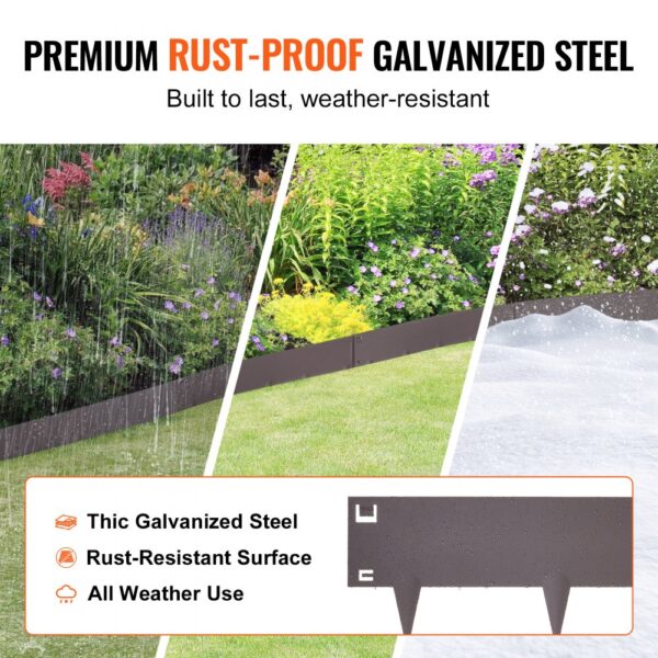 VEVOR steel landscape edging in gardens, showcasing rust-proof galvanized steel and weather-resistant durability.