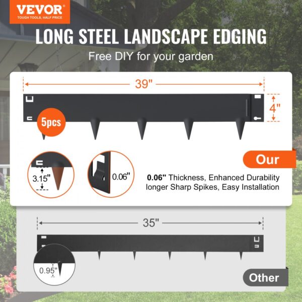 VEVOR steel landscape edging, 39" length, 4" height, enhanced durability, easy installation, 5pcs set.