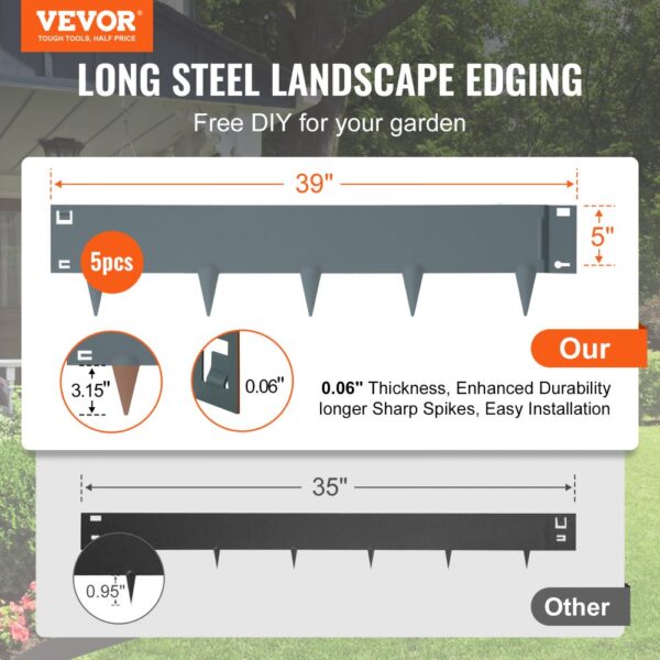 VEVOR steel landscape edging, 5 pcs, 39" length, 0.06" thickness, 3.15" spikes, enhanced durability.