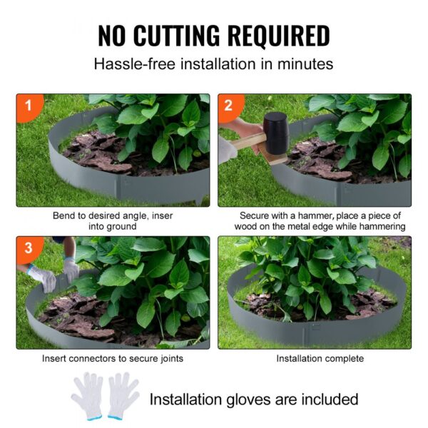 easy installation of VEVOR steel landscape edging around garden plants, with step-by-step guide and gloves.