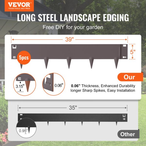 VEVOR Steel Landscape Edging, 5-pack Steel Garden Edging Borders, 39" L x 5" H Strips, Hammer-in Edging Border, Bendable Metal Landscape Edging for Yard, Garden, Lawn, 3.15" Spike Height, Rustic Brown