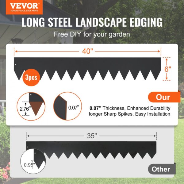 VEVOR Steel Landscape Edging, 3-pack Steel Garden Edging Borders, 40" L x 6" H Strips, Hammer-in Edging Border with 5 Clips, Bendable Metal Landscape Edging for Yard, Garden, Lawn