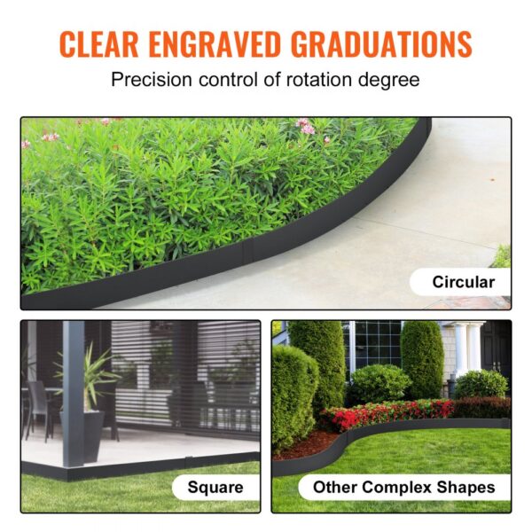 VEVOR steel landscape edging showcasing circular, square, and complex shapes with engraved graduations.