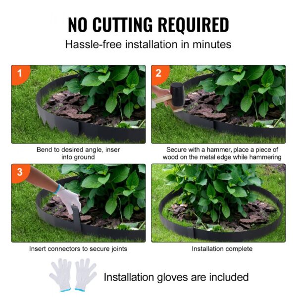 no cutting required, hassle-free installation of VEVOR steel landscape edging in minutes, gloves included.