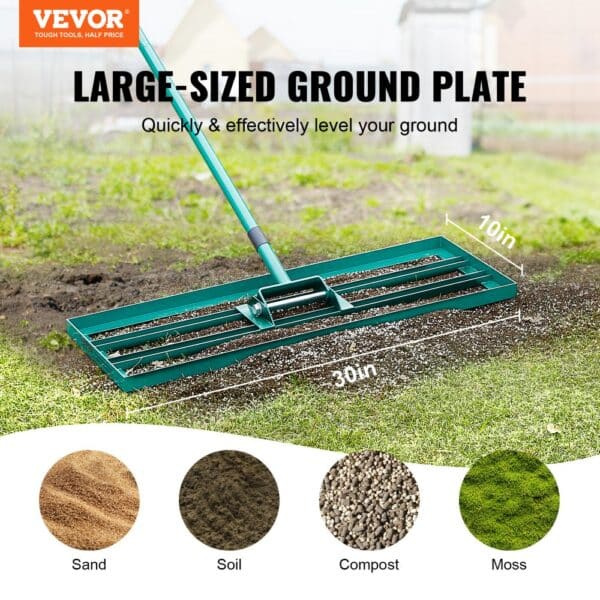 VEVOR lawn leveling rake with large ground plate for sand, soil, compost, and moss, 30x10 inches.