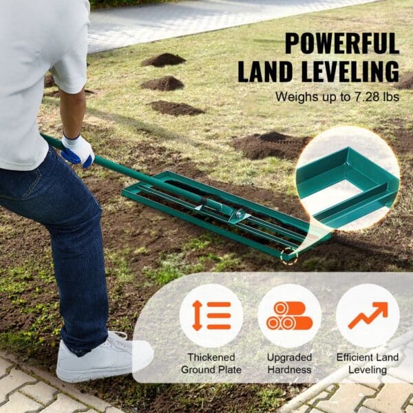 man using VEVOR lawn leveling rake on grass; features thickened plate, upgraded hardness, efficient leveling.