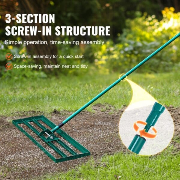 3-section screw-in VEVOR lawn leveling rake on grass with assembly details and space-saving benefits.