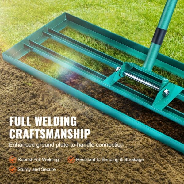 green VEVOR lawn leveling rake demonstrating full welding craftsmanship on grass and soil.