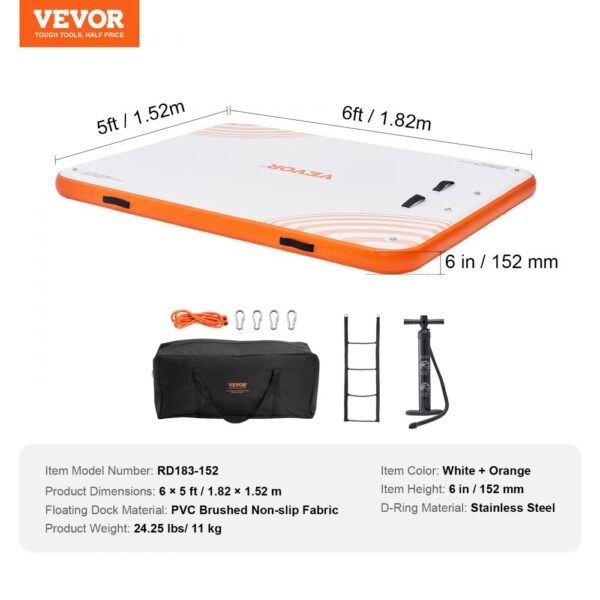 VEVOR inflatable floating dock with accessories, bag, pump, orange and white, 6x5 ft, pvc fabric.